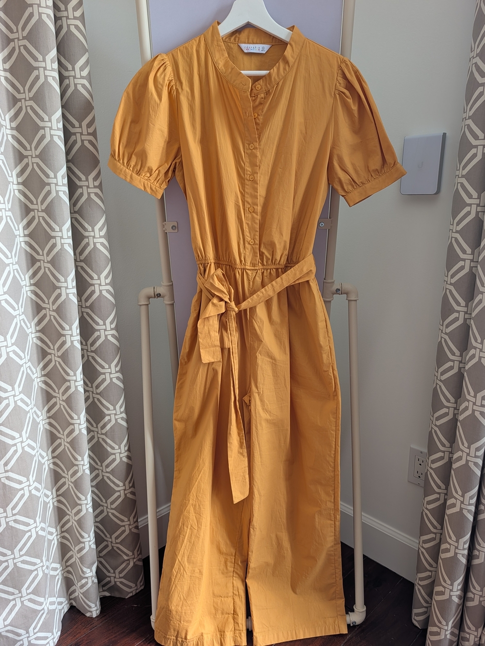 Mustard Yellow Tie-Waist Cotton Dress